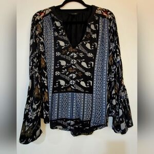 Lucky Brand Women’s Top Size Large Embroidered Bell Sleeve Tunic Boho Blouse